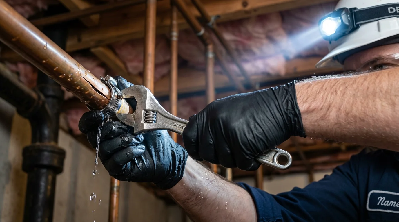 Emergency pipe clamp repair being performed by a Johns Plumbing LLC plumber in Gravette