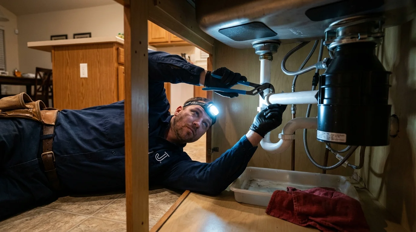 P-trap and supply line connections under a kitchen sink showing a common leak point in Gravette, AR